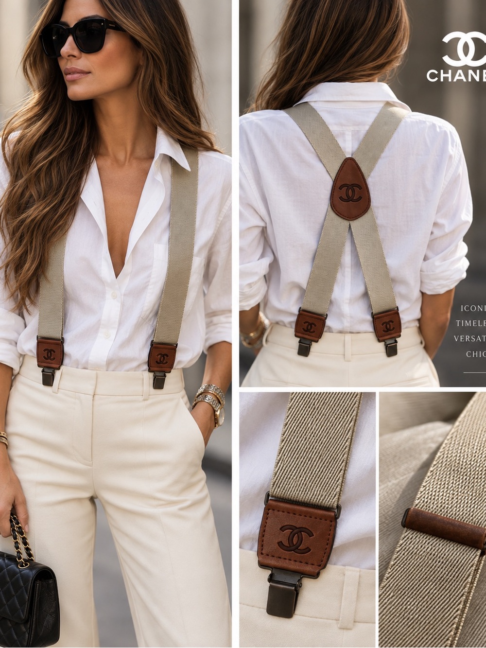 Chanel Beige Canvas Suspenders with Brown Leather Accents